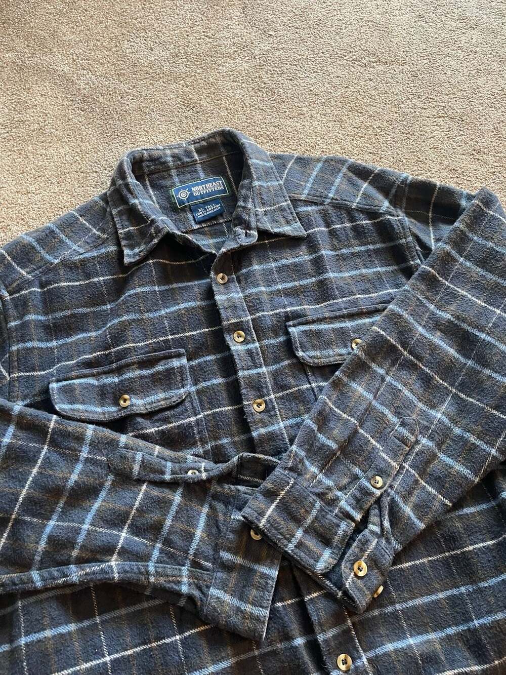 VTG Northeast Outfitters Blue Gray Plaid 100% Cotton Heavyweight Flannel Shirt X